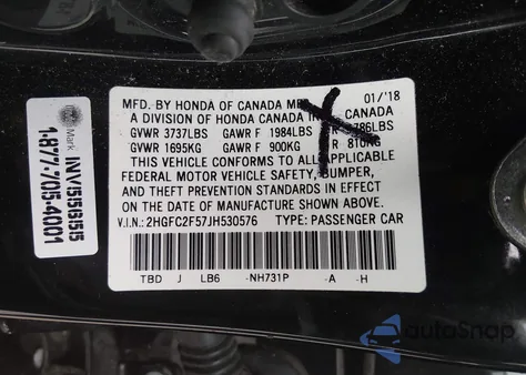 2018 Honda Civic Lx z USA, uszkodzony, nr VIN 2HGFC2F57JH530576